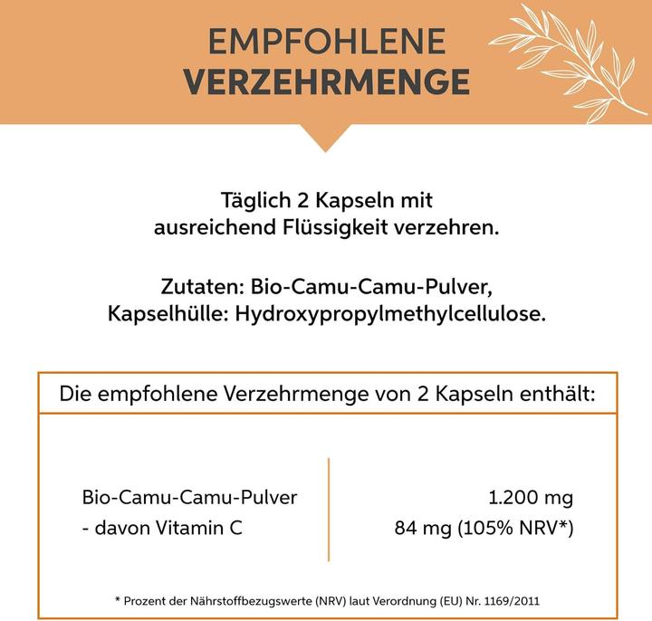 Nährwerte und Zutaten Eltabia Bio Camu Camu Kapseln | Hochdosiert 84mg Tagesdosis | 100% natürliches Vitamin C (200 Stück, Kapseln)