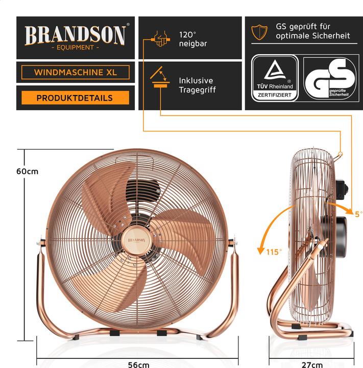 Image du produit Brandson Machine à vent 53,5 cm Ø, ventilateur de sol rétro 200W inclinable, poignée de transport, grand (67 dB)