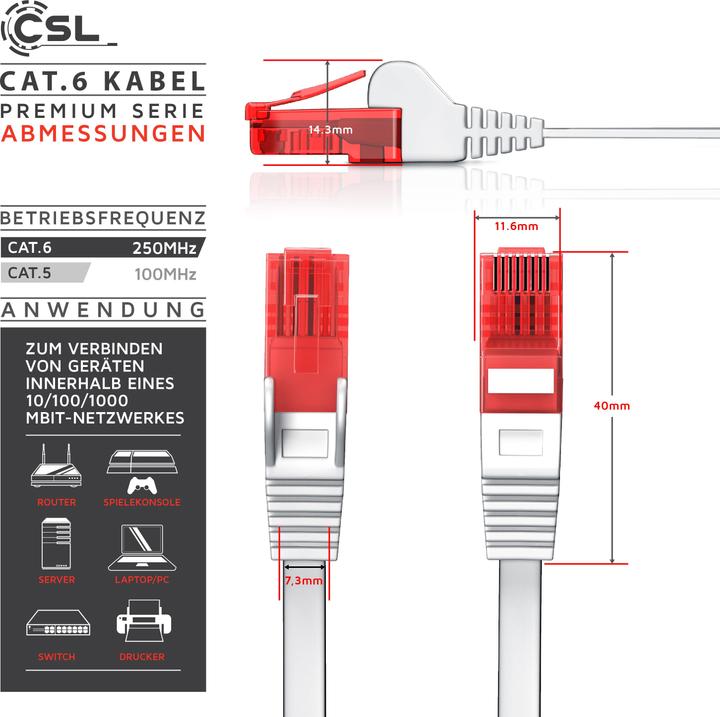 Image du produit CSL Câble réseau CAT.6 plat - Câble Ethernet Gigabit Lan RJ45 - Comp. CAT.5 CAT.6 CAT.7 CAT.8 (UTP, CAT6, 10 m)