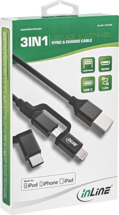Produktbild InLine 3in1 USB Kabel A Stecker auf Micro-USB Typ-C und Lightning 1,5m schwarz (1.50 m, USB 2.0)