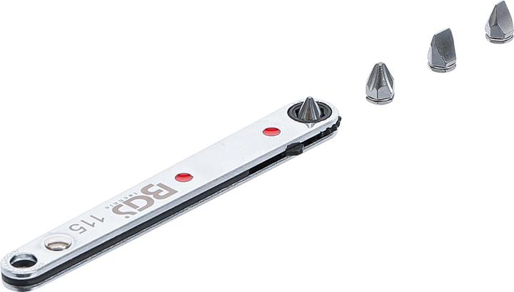 Produktbild BGS Spezial-Bitknarre, ultra dünn Abtrieb Innensechskant 6,3 mm (1/4") inkl. 4 Spezial-Bits (Kreuz Phillips PH M2, Kreuz Phillips PH M1, Schraubschlitz M4, Schraubschlitz M3, Schraubschlitz M5)
