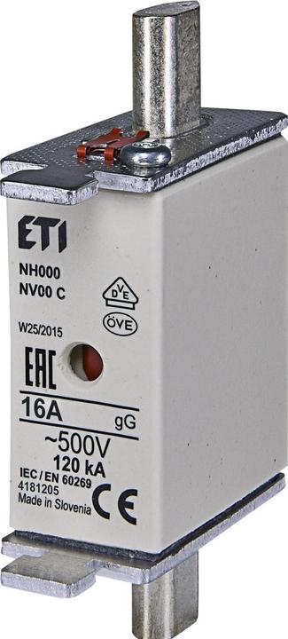 Actual product image Csdk SL Fuse NH00 16A gG, 500V AC, breaking capacity 120kA, standard IEC 60269-1, IEC 60269-2, with status (16 A)