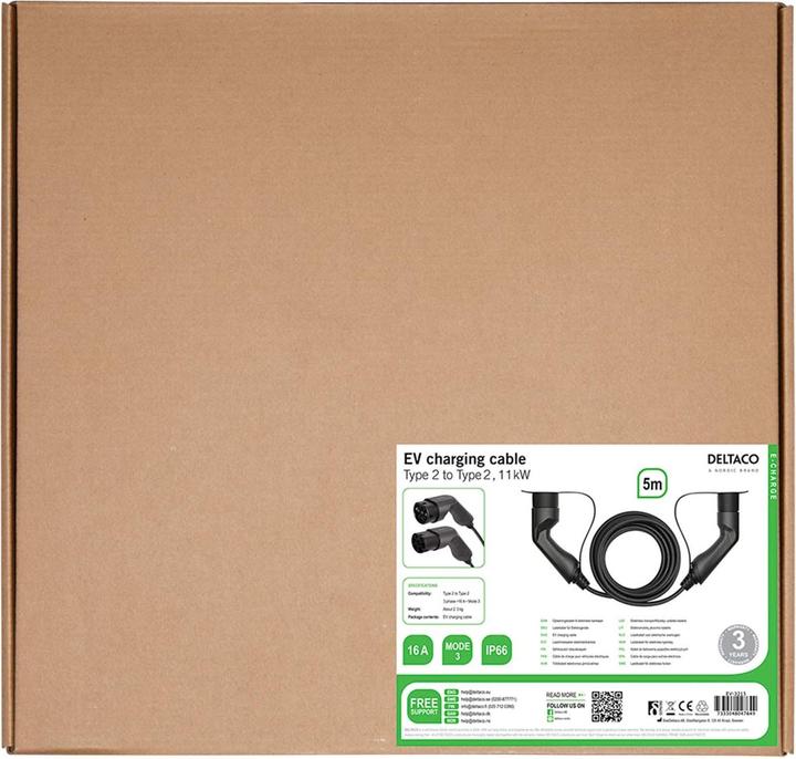 Produktbild Deltaco Electric car charging cable Type 2 - Type 2, 3 phases, 16A, 11KW, 5m (Typ 2, 11 kW, 16 A, 5 m)