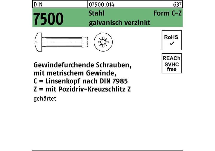 Produktbild Gewindefurchendeschraube DIN 7500 Linsenkopf Kreuzschlitz-PZ CM 4 x 25 -Z Stahl galvanisch verzinkt (1000 Schrauben pro Stück)