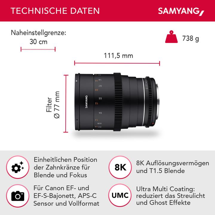 Image du produit Samyang VDSLR 35 mm T1.5 MK2 Canon EF (Canon EF, Plein format, Micro Four Thirds, APS-C / DX)