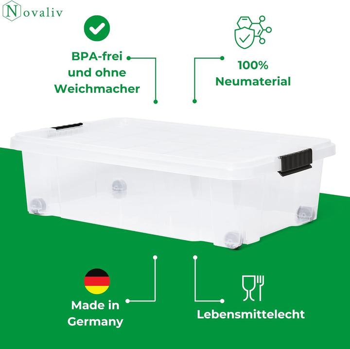 Produktbild Novaliv Unterbett Aufbewahrungsbox mit Rollen Deckel 28L transparente Nestbar stapelbare Clipverschl (28 l)