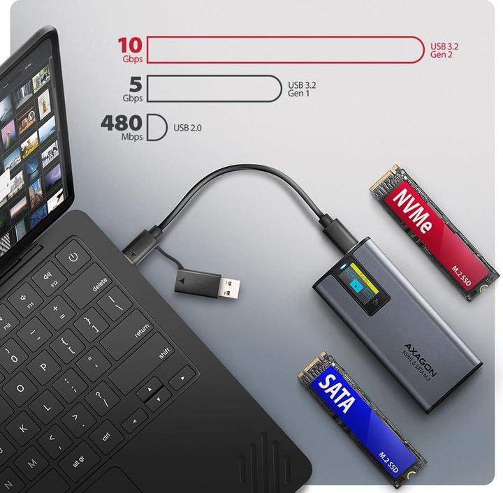 Produktbild Axagon Boitier externe USB-C 3.2 EEM2-SD2 - S-ATA/NVMe M.2 Type 2280 (Noir) (M.2 2280)