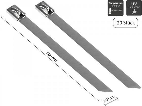 Actual product image Good Connections Stainless steel cable ties 500 mm x 7.9 mm, -60 °C to +550 °C, 20 pieces (Metal cable ties, 500 mm, 20 pcs.)
