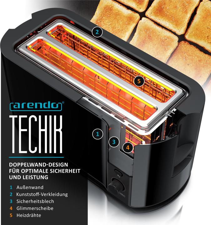 Actual product image Arendo Toaster Langschlitz Edelstahl 4 Scheiben, Brötchenaufsatz, Display mit Restzeitanzeige, Doppelwand