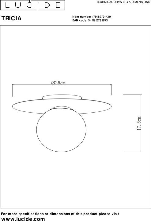 Produktbild Lucide TRICIA - Deckenleuchte - Ø 25 cm - 1xE27 - Schwarz 79187/01/30 (E27)
