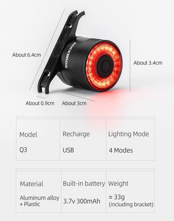 Produktbild Rockbros Q3 rear bicycle lamp with intelligent stop system - black (30 lm)