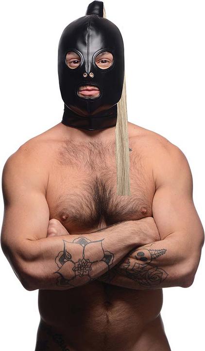 Actual product image XR Brands Blonde Pferdeschwanz Bondage Haube Schwarz