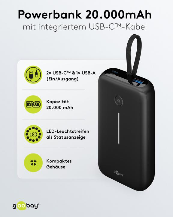 Produktbild Goobay Powerbank 20.000 mAh mit integriertem USB-C-Kabel (20000 mAh, 20 W, 15 Wh)