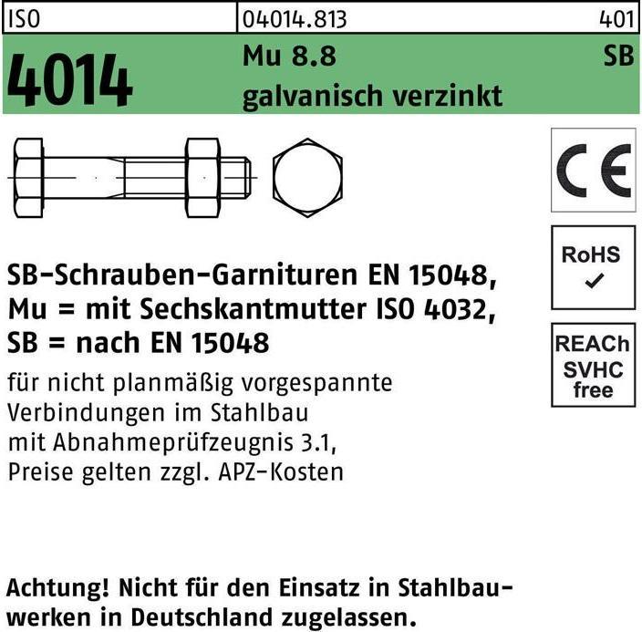 Produktbild Sechskantschraube ISO 4014 m.Schaft/Mutter M 27 x 130 Mu 8.8 galvanisch verzinkt (1 Schrauben pro Stück)