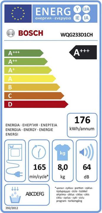 Label énergétique Bosch Hausgeräte WQG233D1CH & WUU28T10CH (8 kg, Gauche, Droite)