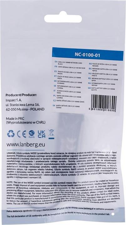 Nutritional values and ingredients Lanberg NC-0100-01 Cable Interface / Gender Adapter USB-A RJ-45 Black (USB, RJ45 (2x))