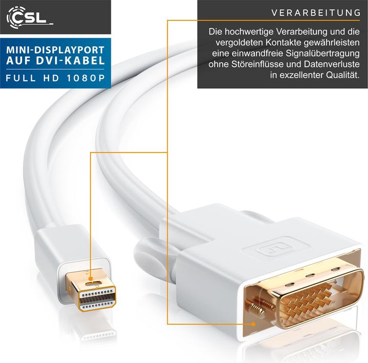 Produktbild CSL Mini DisplayPort zu DVI Video-Kabel, miniDP Monitor Adapter Kabel, für Apple, PC's & Notebooks (5 m, DisplayPort, DVI)