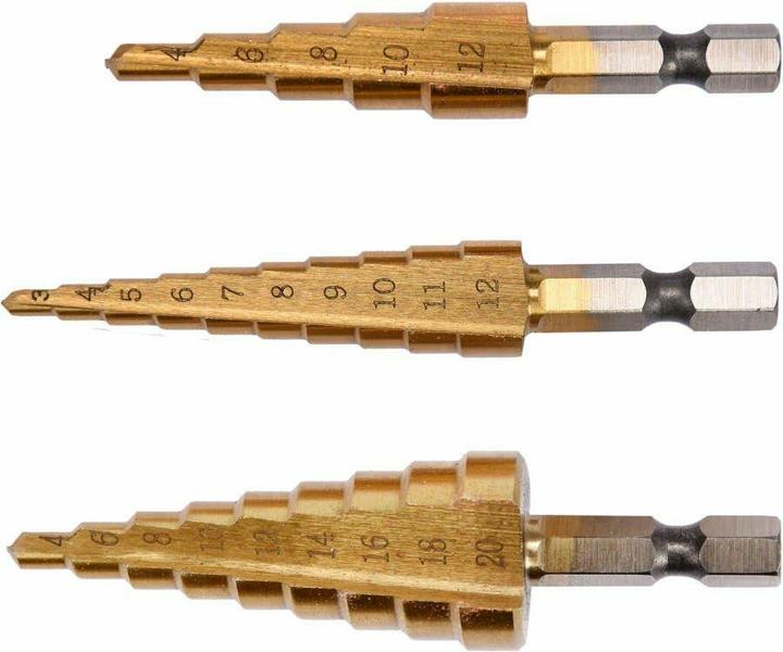 Actual product image Yato Metal step drill set 3-piece, 3-20 mm, titanium-coated, HSS steel (YT-44731) (3-12mm, 4-20mm, 4-12mm)
