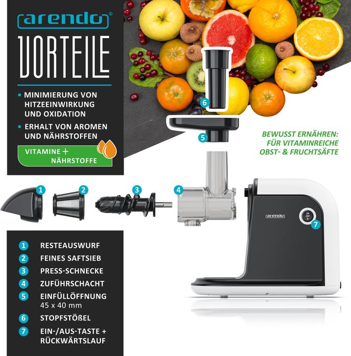 Actual product image Arendo Slow Juicer 150 W, vegetable & fruit juicer electric, stainless steel, 700ml juice jug 1.5l waste