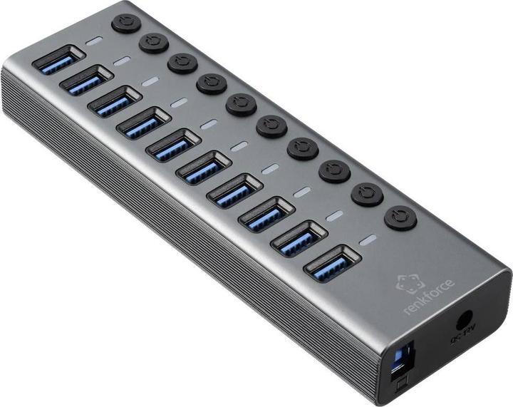 Image du produit Renkforce Commutateur 10 ports USB 3.2 Gen 1 + Hub (USB 3.0) avec boîtier aluminium Argent-Noir (USB-A, 10 Ports)