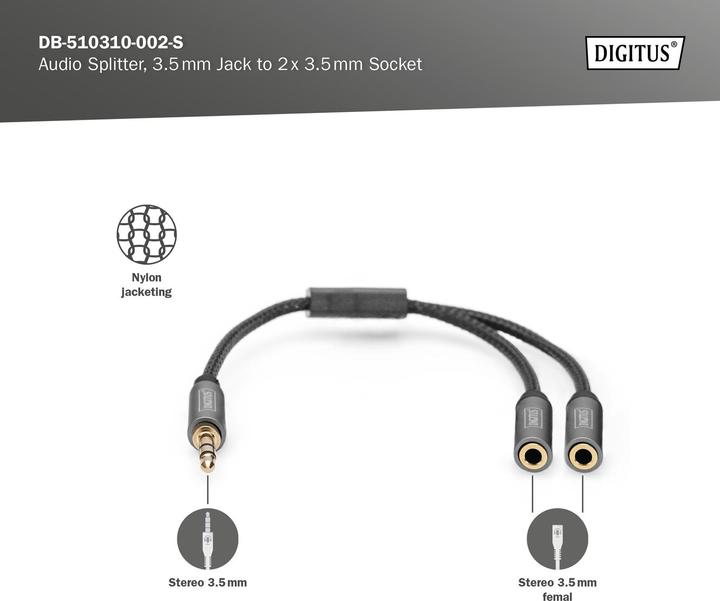 Actual product image Digitus Audio splitter, 3.5 mm jack to 2x 3.5 mm jack (0.20 m)