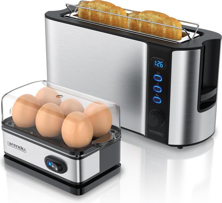 Arendo Frühstücks Set, 2-Scheiben Langschlitz Toaster mit Brötchenaufsatz & Eierkocher für 6 Eier, Silber