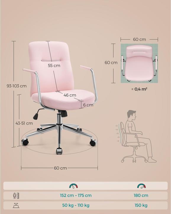 Actual product image Songmics Office chair with upholstered backrest and armrests, pink