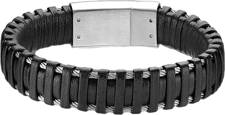 Star Piercing Lederarmband schwarz mit zwei Bänder silber (20.30 cm, Leder, ohne Messing, Chirurgenstahl 316L)