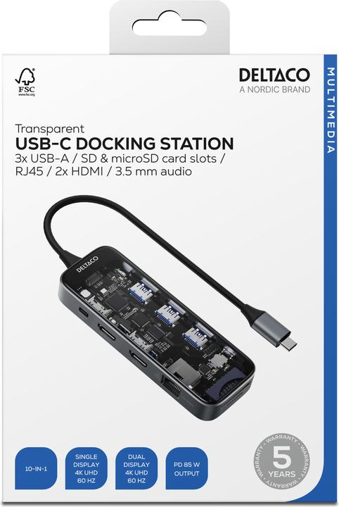 Produktbild Deltaco USB-C Dockingstation 3xUSB/SD/microSD/2xHDMI/RJ45 (USB-C, 10 Ports)