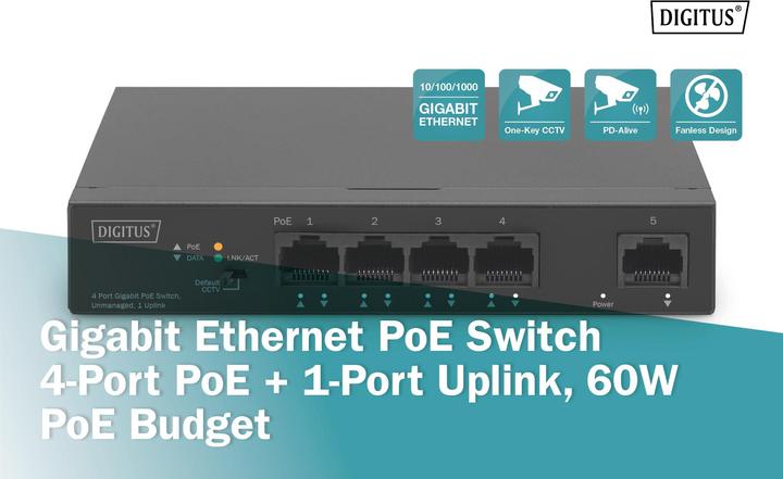 Productafbeelding Digitus Gigabit Ethernet PoE Switch 4-poorts PoE + 1-poorts uplink, 60W PoE Budget (4 Havens)