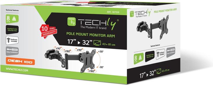 Image du produit Techly Support de mât pour TV LED LCD 17"-32",Noir (Mur, 32", 8 kg)