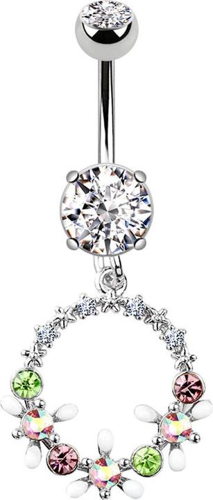 Star Piercing Banane silber mit Anhänger Kreis mit Kristallen und Blumen (Chirurgenstahl 316L, Messing)