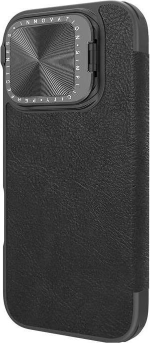 Actual product image Nillkin Qin Prop Leather Case with Camera Cover and Stand for iPhone 16 - Black (Apple iPhone 16)