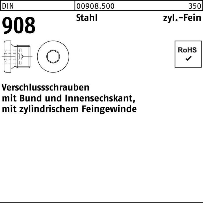 Produktbild SanDisk DIN 908 Verschlussschraube Feingewinde VG M30x1,5 Stahl 5.8 blank Innensechskant m. Bund (10 Schrauben pro Stück)