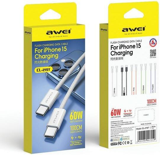 Actual product image Awei cable CL-219T USB-C na USB-C 60W biały/white iPhone 15 (USB 3.2 Gen 1, 60 W)