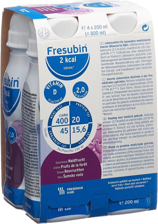 Nährwerte und Zutaten Fresubin 2 kcal Drink Waldfrucht, 4 x 200 ml (4 Stück, Flüssigkeit, 984 g)