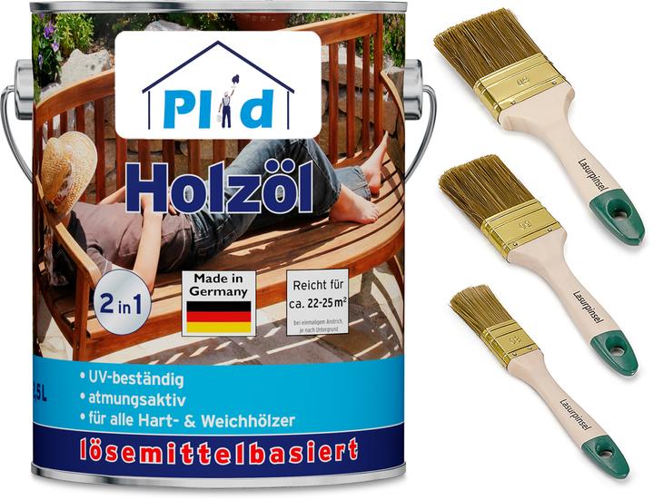 Produktbild Plid Holzöl 2,5L für ca. 25m² + Pinselset 3-tlg / Pflegeöl Gartenmöbel (Douglasie, 2.50 l)