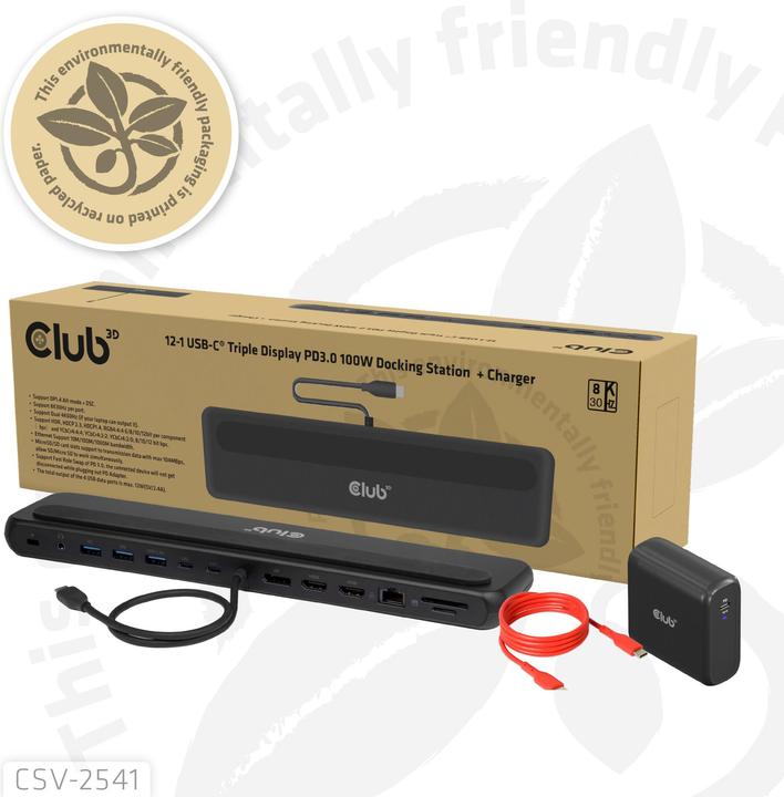 Produktbild Club 3D Club3D USB-C 12in1-Dock >DP1.4/2xHDMI/2xUSB-C/ 8K30Hz PD100W retail (Docking Port, 12 Ports)