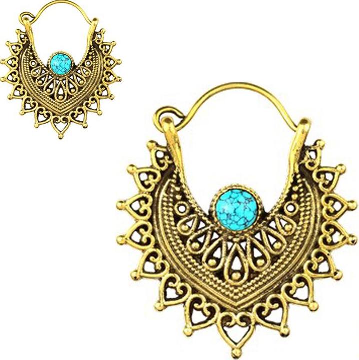 Star Piercing Ohrring vergoldet Filigrane Herzen mit Türkis Stein (Messing, Mineralisch)