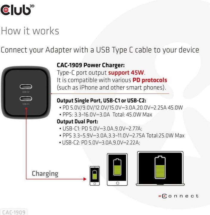 Image du produit Club 3D Chargeur PPS 45W GAN, Power Delivery (PD) 3.0 (45 W)
