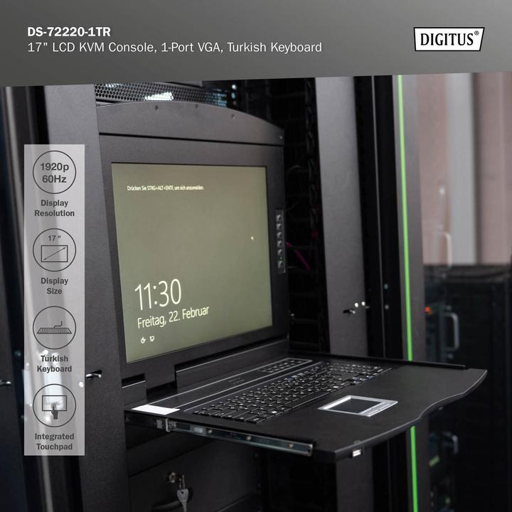 Produktbild Digitus Modulare HD LCD TFT Konsole, TR Tastatur mit 1 Port KVM, TR-Tastatur, RAL 9005 schwarz