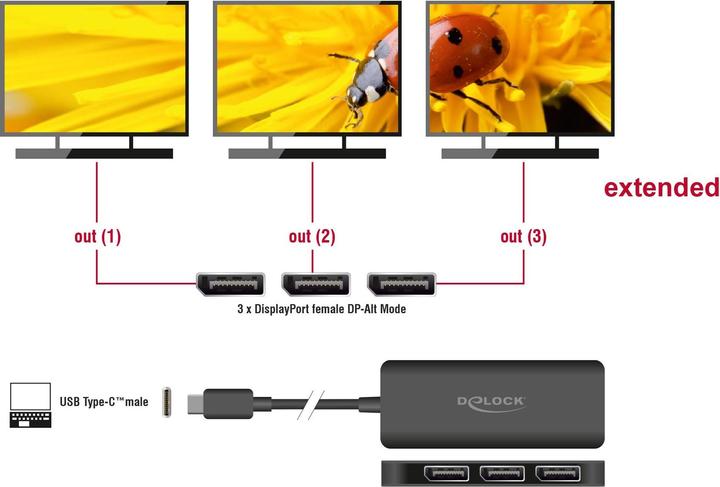 Produktbild Delock USB Type-C Splitter (DP Alt Mode) zu 3 x DisplayPort (15 cm)