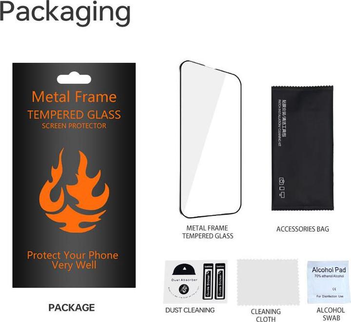 Produktbild OEM Gehärteter Glas-Metallrahmen für iPhone 16 6,1" schwarzer Rahmen (1 Stück, Apple iPhone 16)