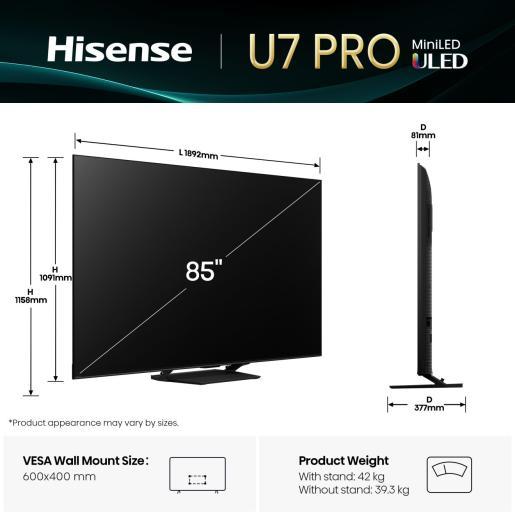 Image du produit Hisense TV 85U7Q PRO 85" Mini-LED 4K, 165Hz, 2'000 Nits (85", LED, DHU, 2025)