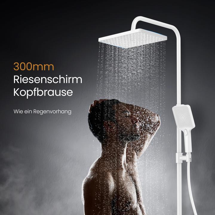Produktbild Emke Duschsystem mit Thermostat, Handbrause + Regendusche(3 Strahlstärken) + Unterer Auslass, Weiss