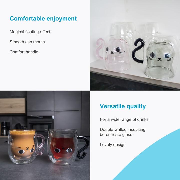 Produktbild Intirilife Doppelwandiges Thermo Glas Set Design Katze (0.20 l, 6 x)