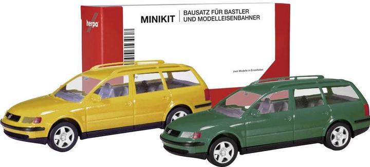 Produktbild Herpa 012249-007 H0 PKW Modell Volkswagen Passat Variant B5, honiggelb und moosg