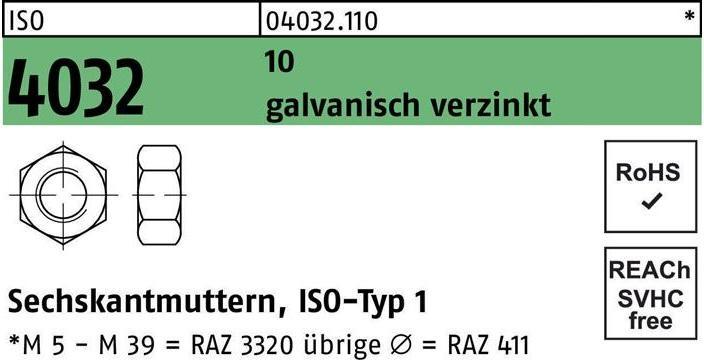 Produktbild Bufab Sechskantmutter ISO 4032 M 5 10 galvanisch verzinkt (M5)