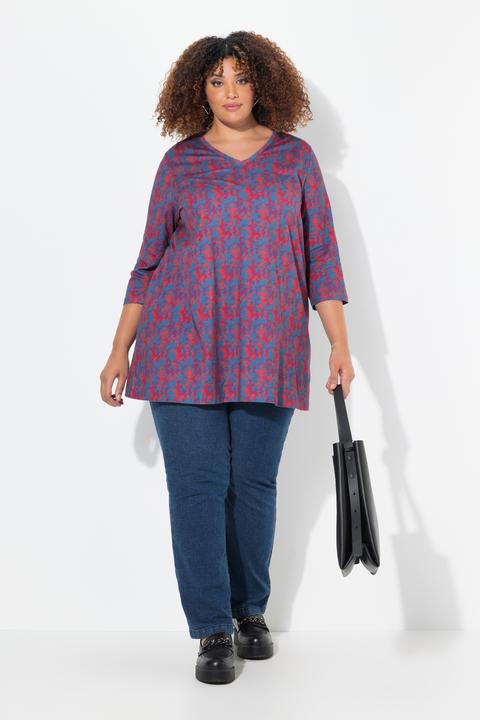 Immagine prodotto Ulla Popken Maglia dal taglio lungo e svasato con design batik, scollo a V e maniche a 3/4 (60)