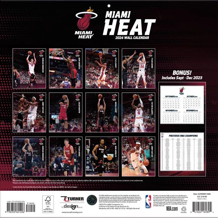 Immagine prodotto NBA - Miami Heat - 30,5 x 30,5 cm Calendario da parete 2024 (Francese, Italiano, Spagnolo, Tedesco, Inglese)